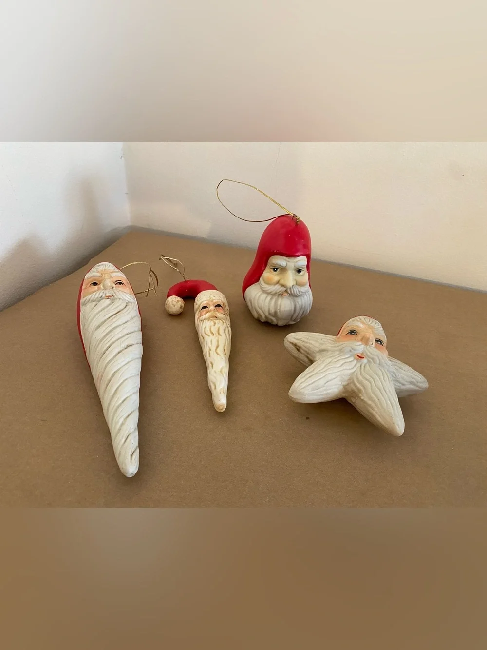 Vintage set of 4 Santa Ornaments - star, bell and icicle shapes, Belsnickle, red